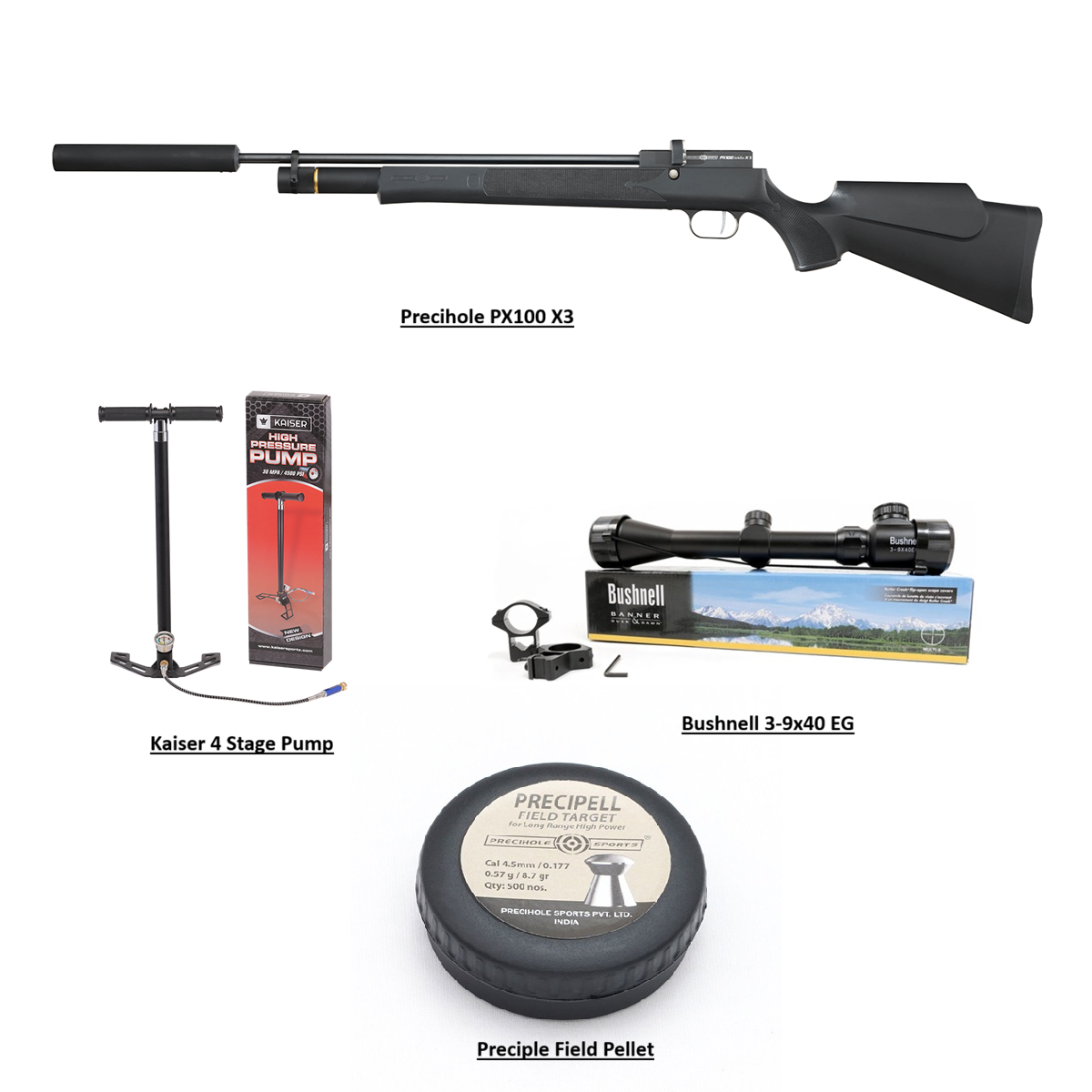 Precihole PX100 Achilles X3 PCP .177 Cal Air Rifle Combo